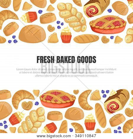 Fresh Baked Goods Banner Template With Baking Products Seamless Pattern And Place For Text Vector Il