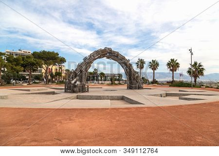 Piraeus Greece - January 16, 2020: A Monument To The Genocide Of The Greeks Of Pontus Built From Sta