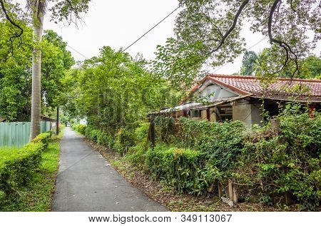 Nantou, Taiwan - June 25th, 2019: street scenery with old house and trees at Zhongxing New Village, Nantou, Taiwan