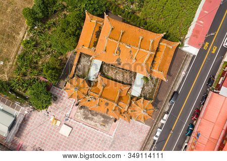 Nantou, Jiji, Taiwan - September 14th, 2019: aerial view of ruins of Wuchanggong temple when earthquake at september 21, 1999