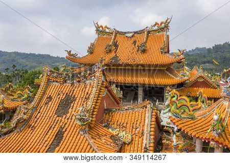 Nantou, Jiji, Taiwan - September 14th, 2019: aerial view of ruins of Wuchanggong temple when earthquake at september 21, 1999