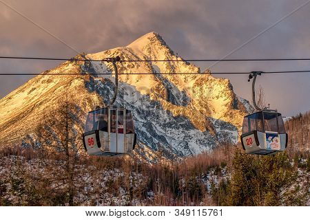 Tatranska Lomnica, Slovakia - February 1:  Old Cableway And Slavkovsky Peak In High Tatras Mountains