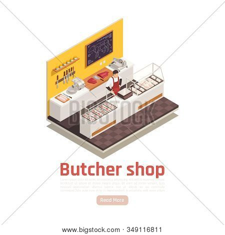 Butcher Shop Isometric Composition With Beef Cuts Salesman Sliced Meat Chicken Fillets Steaks On Cou