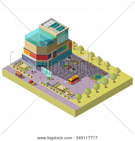 3d Isometric Shopping Center With Parking Area. Multistorey Modern Building With Place For Different