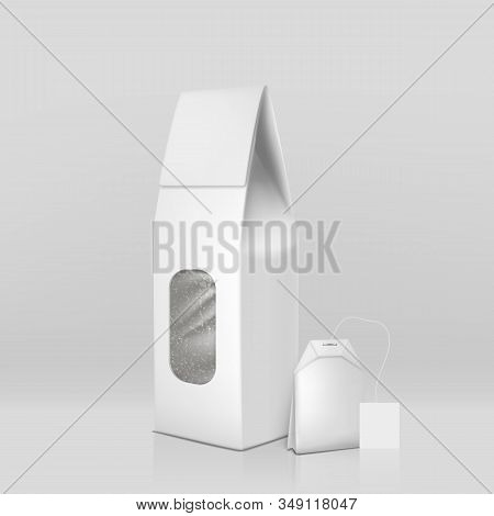 Natural Black Tea Packaging 3d Realistic With Teabag And Blank White, Air-tight Sealed Paper Packet 