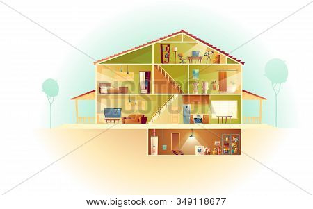 House Interior In Cross Section With Basement And Garret, Cartoon Multistorey Private Building. Atti
