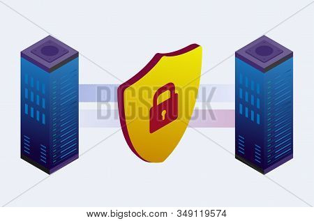 Data Center Or Server Room. Isometric Big Data Processing Concept. Cloud Storage Technology With Dat