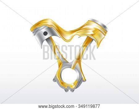 Engine Pistons In Mineral Oil, Gasoline Realistic Illustration Isolated On White Background. Interna