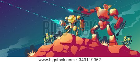 Cartoon Illustration With Robot War On Alien Planet, Mars. Landscape With Combat Robots. Battle Andr
