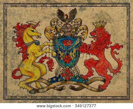 Antique Gobelin With Unicorn And Lion Beast On Texture Background. Colorful Engraved Illustration Wi