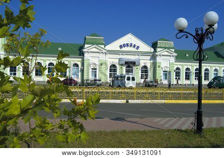 Berdyansk, Zaporizhia Oblast/ukraine - 05.27.2019. Berdyansk Railway Station Building Against Blue S