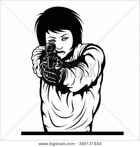 Woman Aiming A Gun Vector Illustration Isolated On Whiye