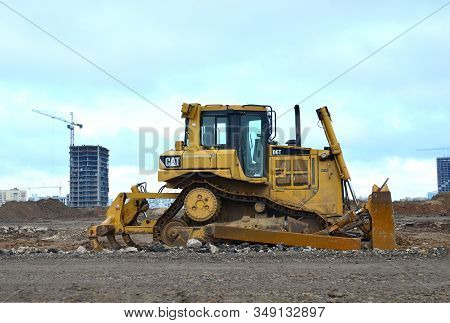 08.11.2019 Minsk, Belarus: Track-type Bulldozer Caterpillar D6t , Earth-moving Equipment Background
