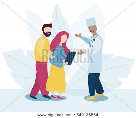 Two Patients Couple Are Talking To The Doctor About The Results Of Treatment. A Woman Holds A Paper 