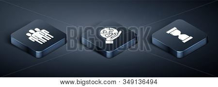 Set Isometric Users Group, Old Hourglass With Flowing Sand And Piece Of Puzzle In Hand Icon. Vector