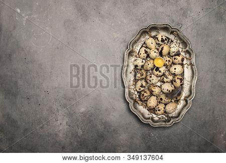 Textured Spring Background With Small Quail Eggs On Metal Dish On Gray Background. Eco Products. Fre