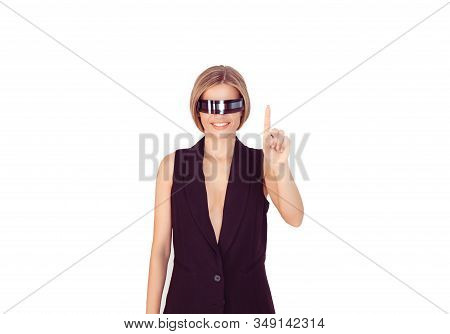 Smiling Cyborg Woman Tapping Air Vitrual Screen Isolated On White. Beautiful Cyber Woman Pointing At
