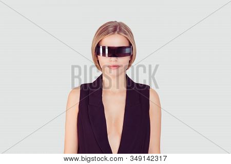 Young Serious Cyborg Cybor Woman Standing Looking At You Camera Isolated On Light Gray Grey White Ba