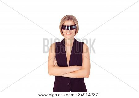Cheerful Young Cyborg Woman Standing With Arms Crossed Isolated On White.