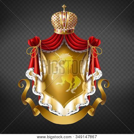 Golden Royal Coat Of Arms With Crown, Shield With Unicorn, Red Mantle With Fur Fringe And Gold Ribbo