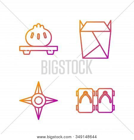 Set Line Geta Traditional Japanese Shoes, Japanese Ninja Shuriken, Dumpling On Cutting Board And Rst