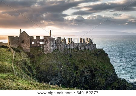 Dunluce Castle High Up On A Seacliff On The North Antrim Coast In Northern Ireland