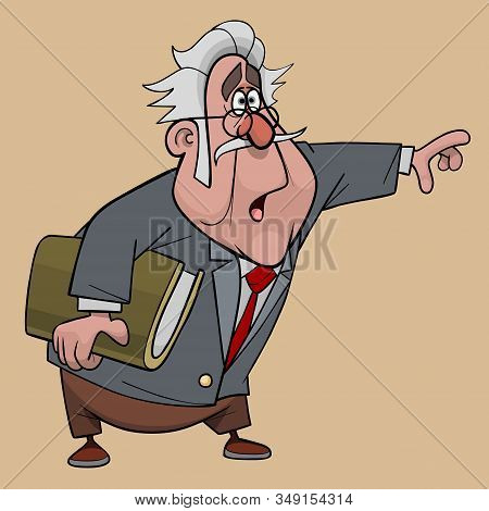 Cartoon Outraged Elderly Man In A Suit With Book In His Hand Points To The Side
