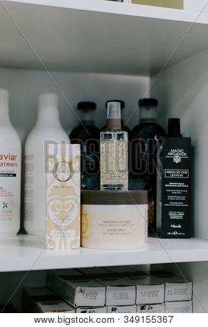 Hair Cosmetics In Hairdressing Salon. Women Hair Care Set, Mask, Cellula Madre Glow Multiplier. Krop
