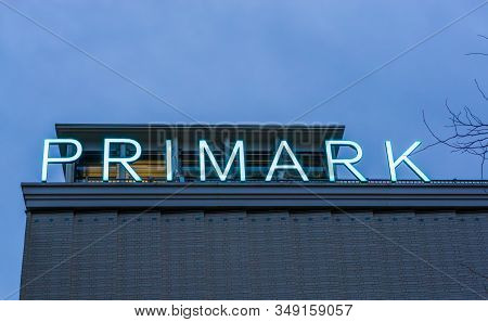 Lighted Primark Neon Sign On Top Of The Primark Shop Building Of Tilburg, The Netherlands,10 Decembe