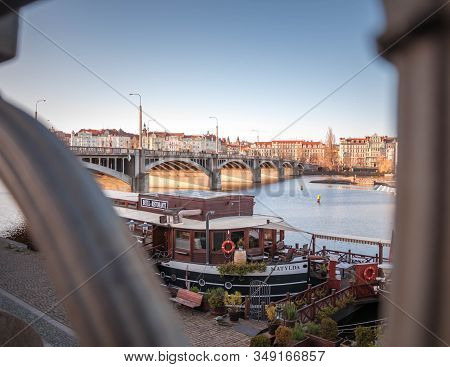 Prague, Czech Republic 1/5/2020: View Through A Fence On The Matylda Restaurant, Vltava River.