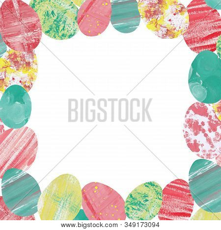 Easter Eggs Square Frame. Bright Hand-drawn Elements On A White Background. In Mixed Media Collage O