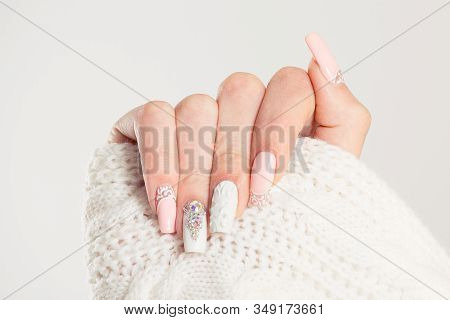 Nail Polish. Art Manicure. Modern Style Blue Nail Polish.stylish Pastel Color Pink White Nails Holdi