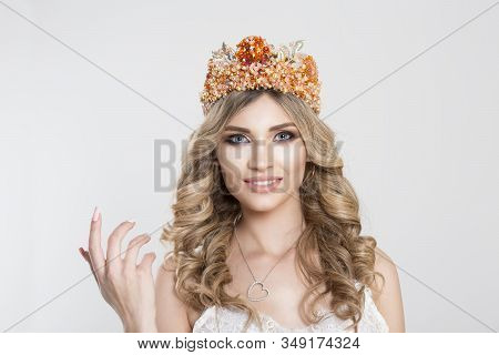 Come Here. Beauty Crowned Queen Girl Woman Actress Miss Bride Asking You To Come Closer With Hand Ge
