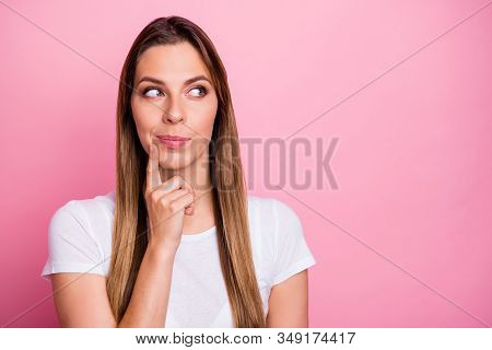 Photo Of Thoughtful Interested Girl Think Thoughts About Her Summer Holidays Plans Touch Hand Chin L