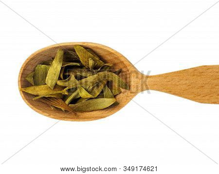Dry Viscum Petals In Wooden Spoon On White Background