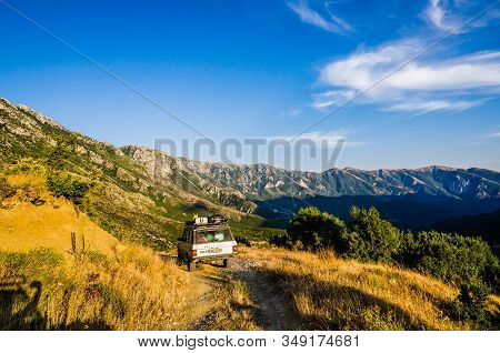 Fterre, Albania - August 02, 2014. Off Road Car Going On The Dirt Road In Albanian Mountains