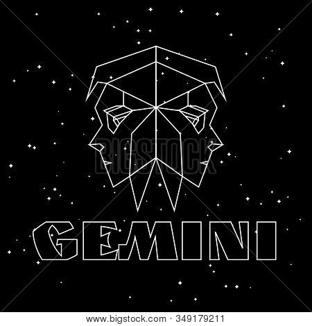 Abstract Polygonal Zodiac Sign Gemini On Black Starry Sky Background