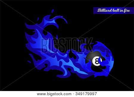Flying Black Billiard Eight Ball In Blue Fire Isolated In Modern Flat Style. Pool Or Snooker Ball Wi