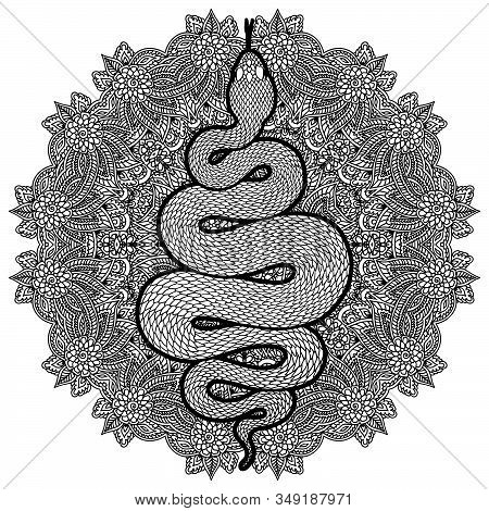 Coiled Snake Over Floral Mandala Detailed Illustration. Tribal Serpent In Black Isolated Over White 