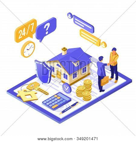 Propery House Insurance Isometric Concept For Poster, Web Site, Advertising With Home Insurance Poli