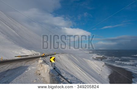 Winter Day On The Road In Hvalnesskridur Land Slides In East Iceland
