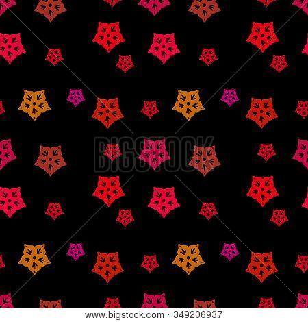 Seamless Repeat Pattern With Crimson, Turquoise And Claret Flowers On Black Background. Drawn Fabric