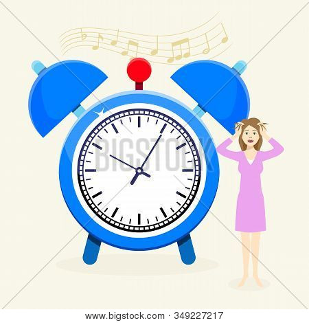 Woman In Panic Clutched Her Head Next To Huge Ringing Alarm Clock Vector Illustration. Sound Of Alar