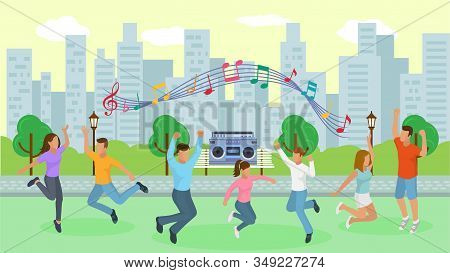 Young People Dance In Urban Park Vector Illustration Banner Flat Style. Men, Women, Girls Jump To Mu