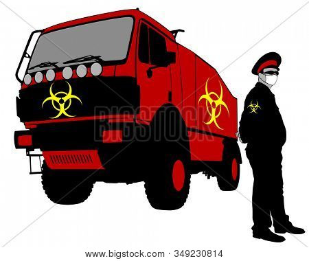 Police officers in protective uniforms and car whit biohazard