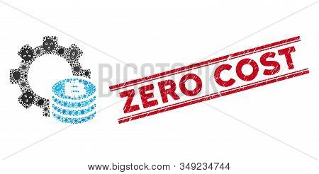 Viral Mosaic Bitcoin Industry Gear Icon And Red Zero Cost Seal Between Double Parallel Lines. Mosaic