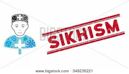 Flu Collage Church Doctor Icon And Red Sikhism Seal Stamp Between Double Parallel Lines. Mosaic Vect