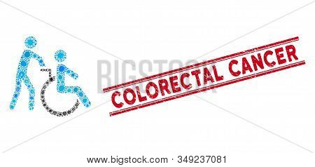 Pandemic Mosaic Disabled Person Transportation Icon And Red Colorectal Cancer Seal Stamp Between Dou