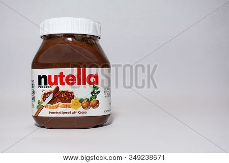 Orlando, Fl/usa-2/3/20: A Jar Of Nutella  Hazelnut Spread With Cocoa Isolated On A White Background.