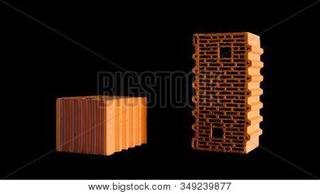 New Construction Materials, Red Bricks With Holes Isolated On Black Background. Stock Footage. Close